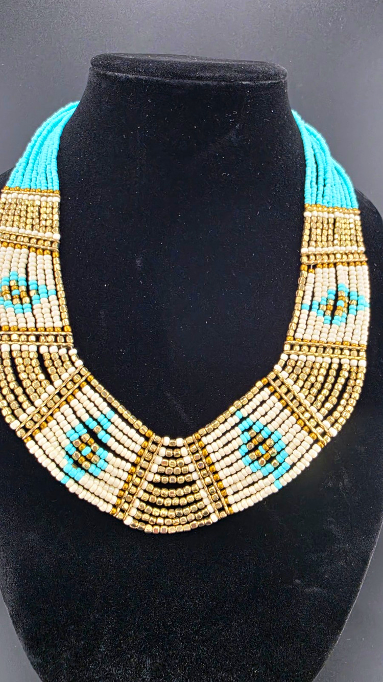 Blue White Gold Tone Glass Beaded Bib Statement Necklace Adjustable Hook